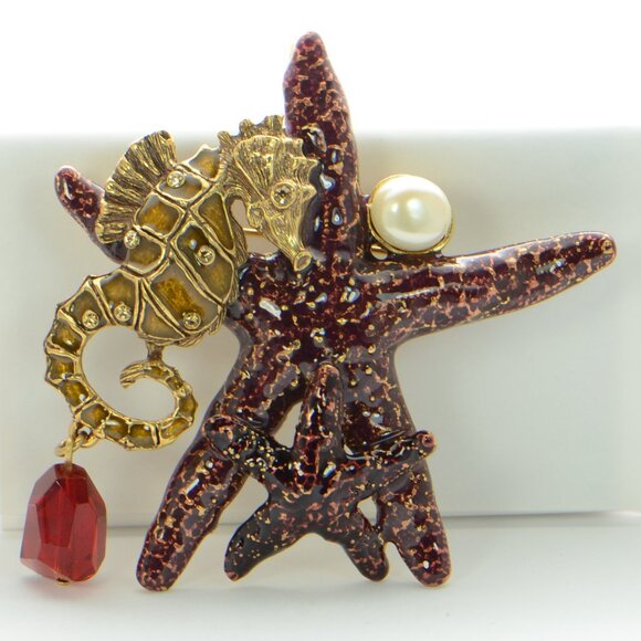 Vintage Oscar de la Renta Enamel Seahorse & Starfish Pin Brooch/Pendant